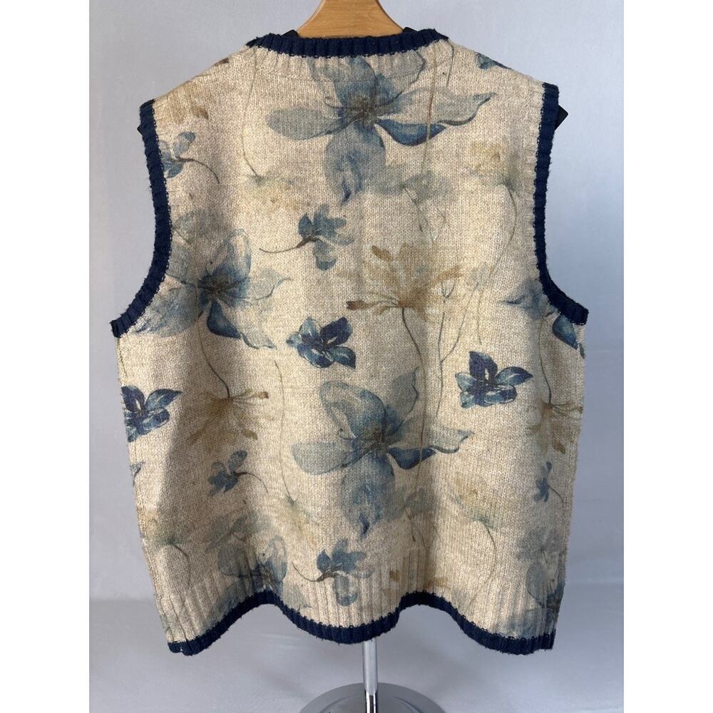 Floral Print Knit Sweater Vest Cream Blue Navy Trim XXL Cottagecore Sleeveless - Picture 3 of 4